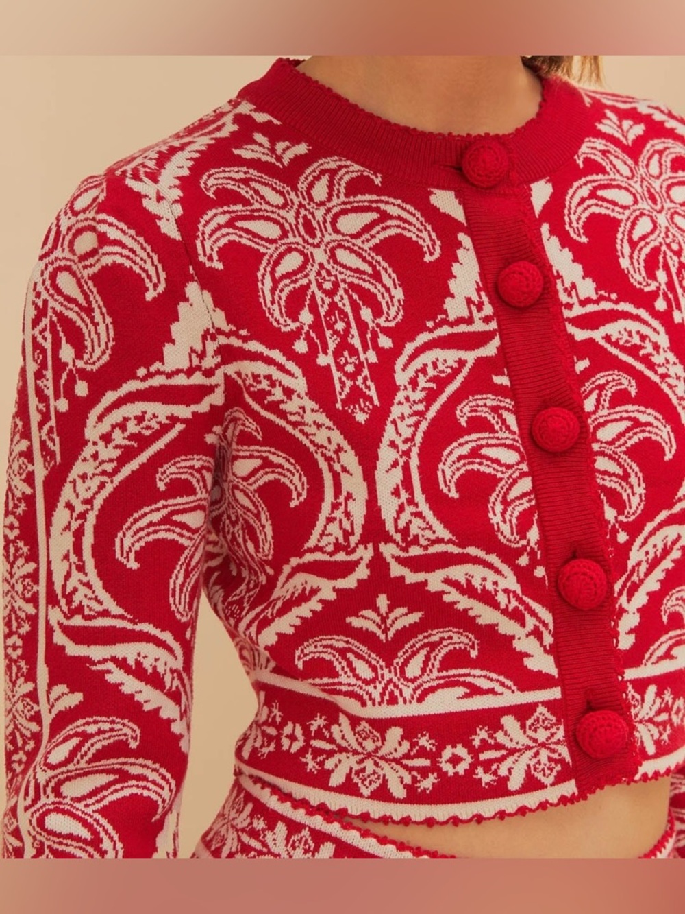 Farm Rio The Red Tropical Jacquard Knit Cardigan, Size XS - Picture 2 of 11